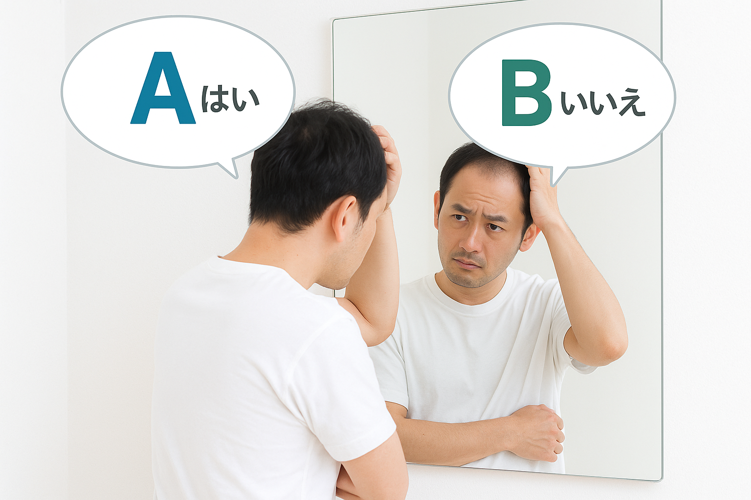 画像②:一人で鏡の前に立ち悩む人物+選択肢に迷う図(リアル風 )