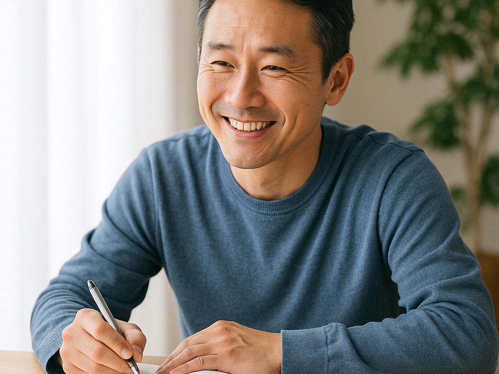 画像③:前向きな表情で日記を書く人物(リアル風・自然光)