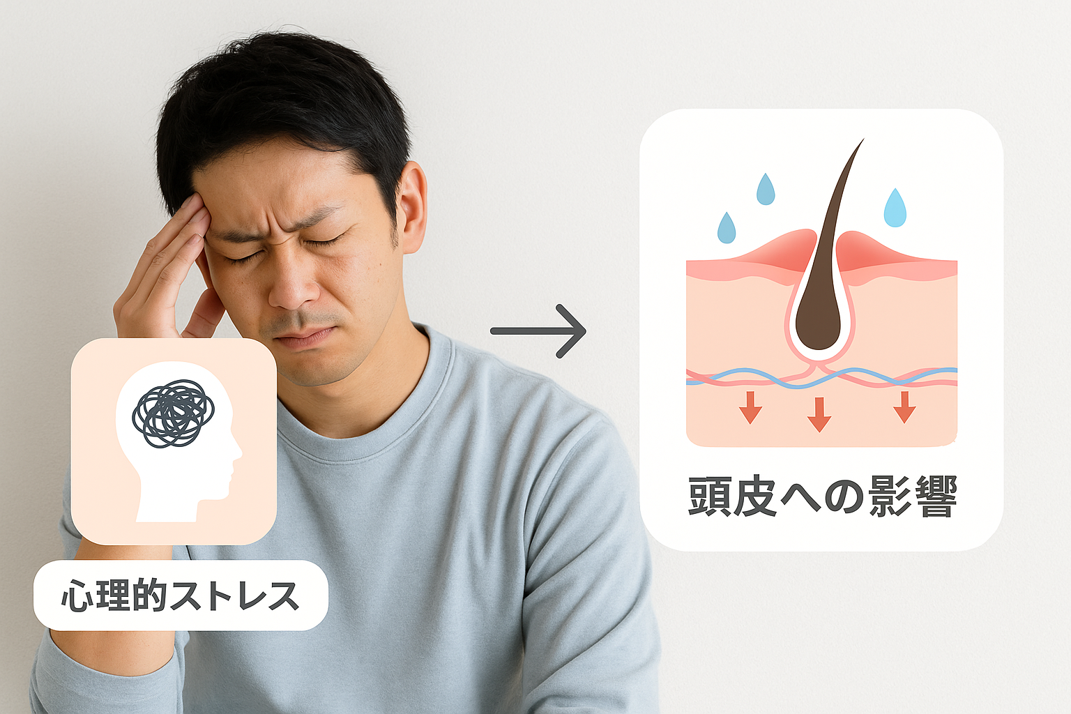 心理的ストレスと頭皮への影響が視覚化された図(リアル風)