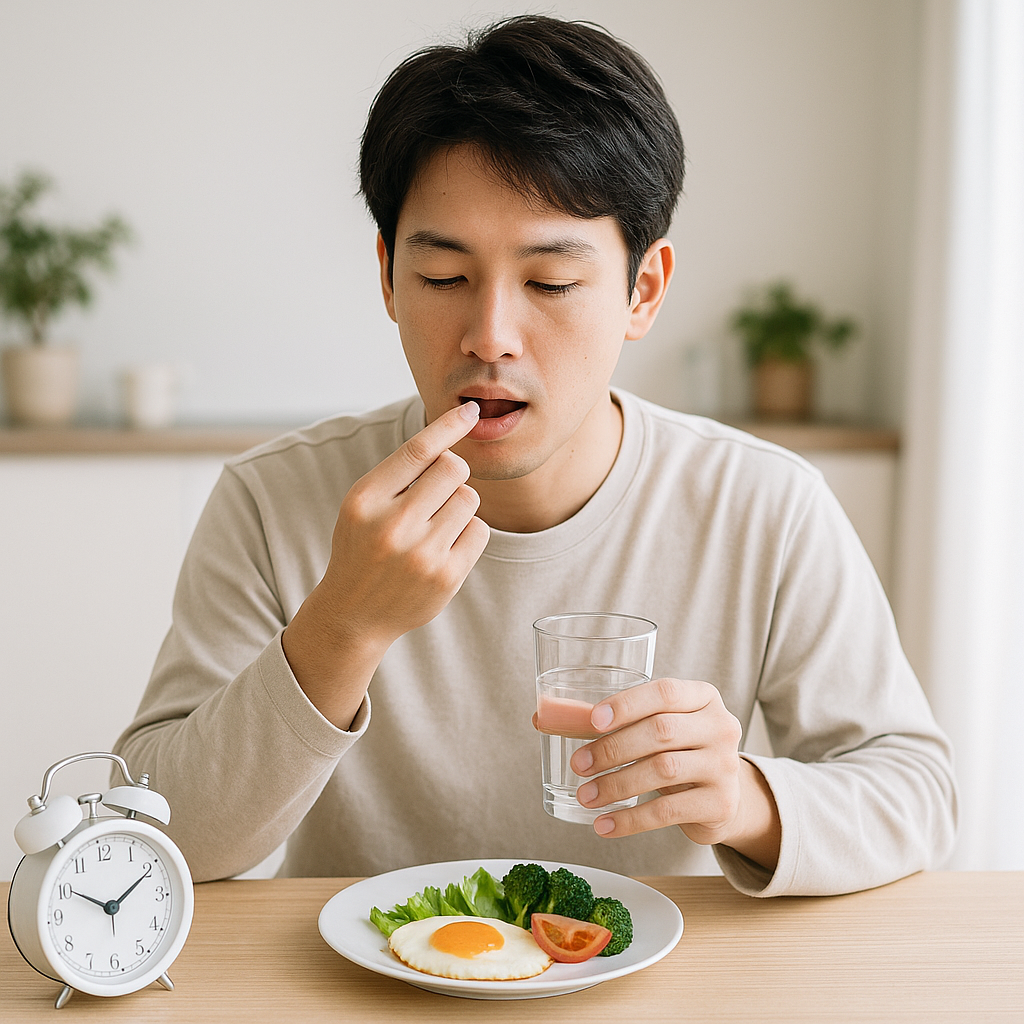 画像②:朝のルーティンでサプリを飲む人物+時計や食事が映る(リアル風)