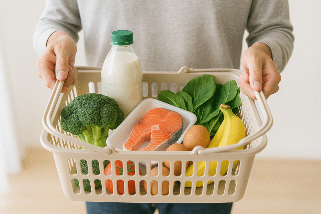 <!-- 画像③：簡単な買い物かごに髪に良い食材が詰まっている構図（リアル風） -->