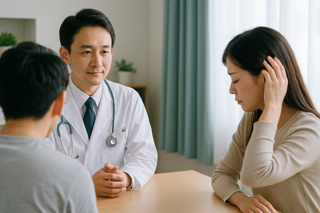 クリニックで相談中の男女(顔は見えない構図)
