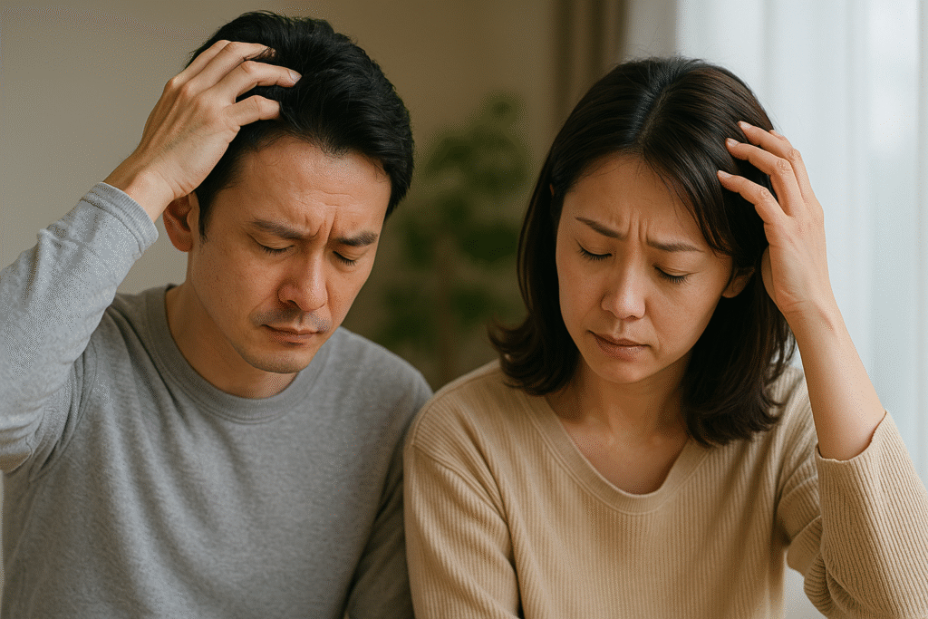 ストレスに悩む男女が頭皮を気にしている構図