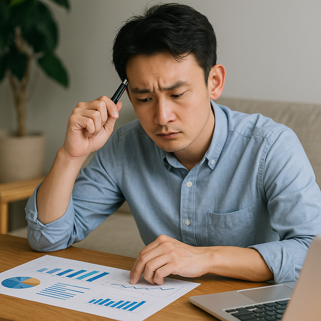 画像①:アンケートや統計資料を分析している人物(リアル風)