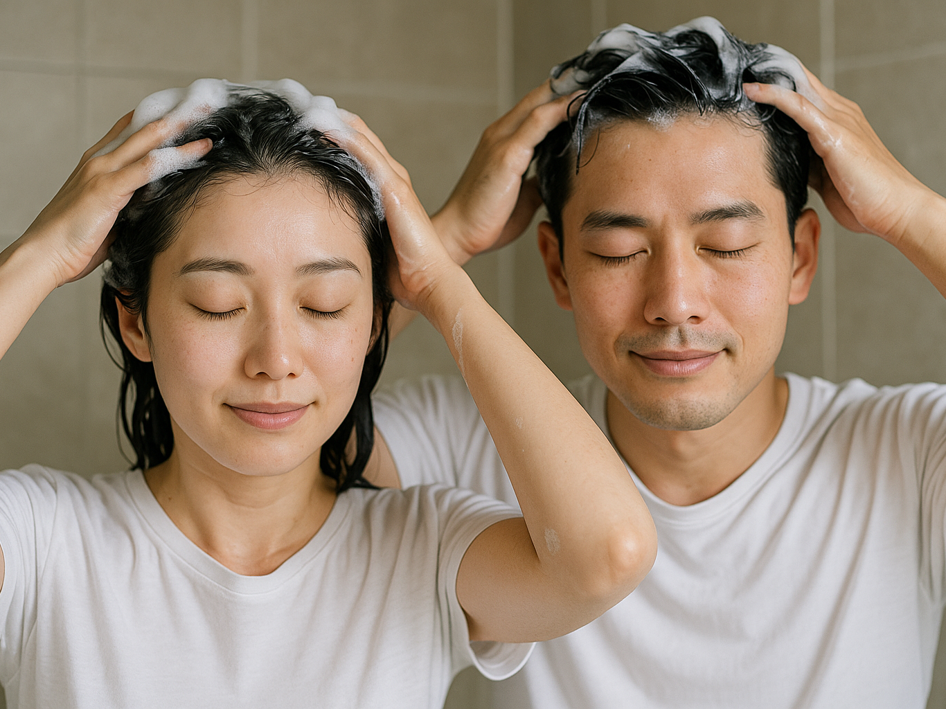 シャンプーする男女