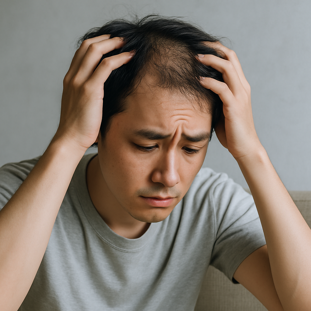 アイキャッチ（ストレスによる抜け毛に悩む繊細な人物のリアル風構図）