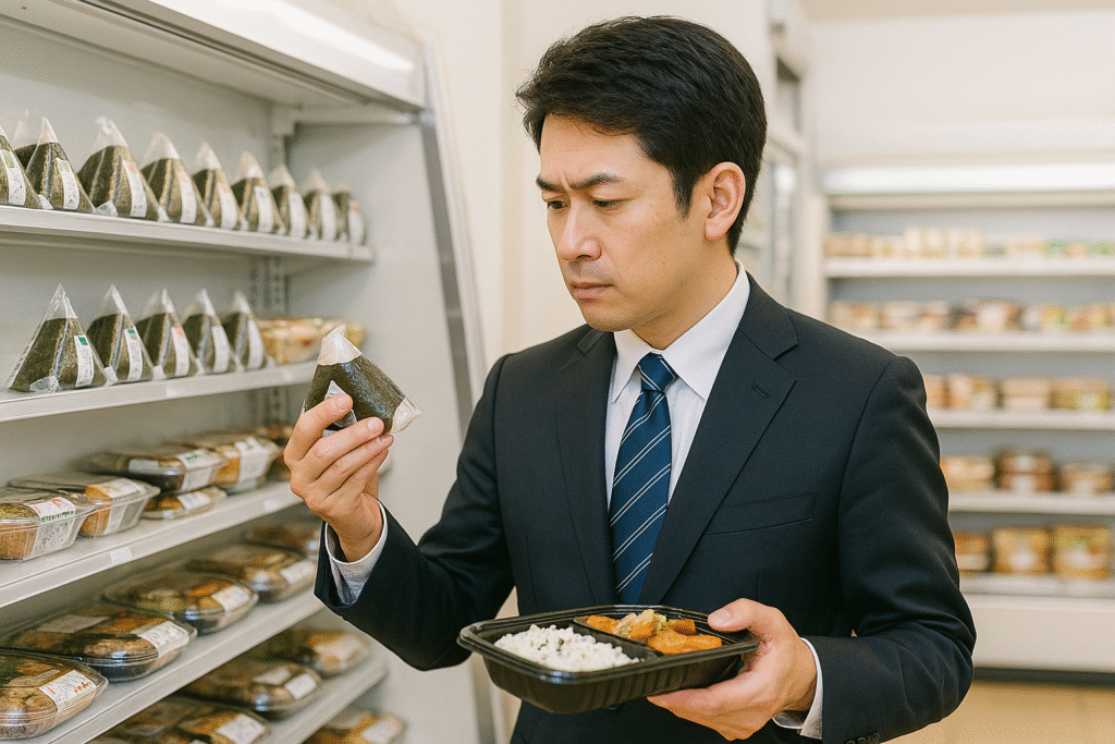 画像①:スーツ姿でコンビニおにぎりや弁当を選ぶ人物(リアル風)