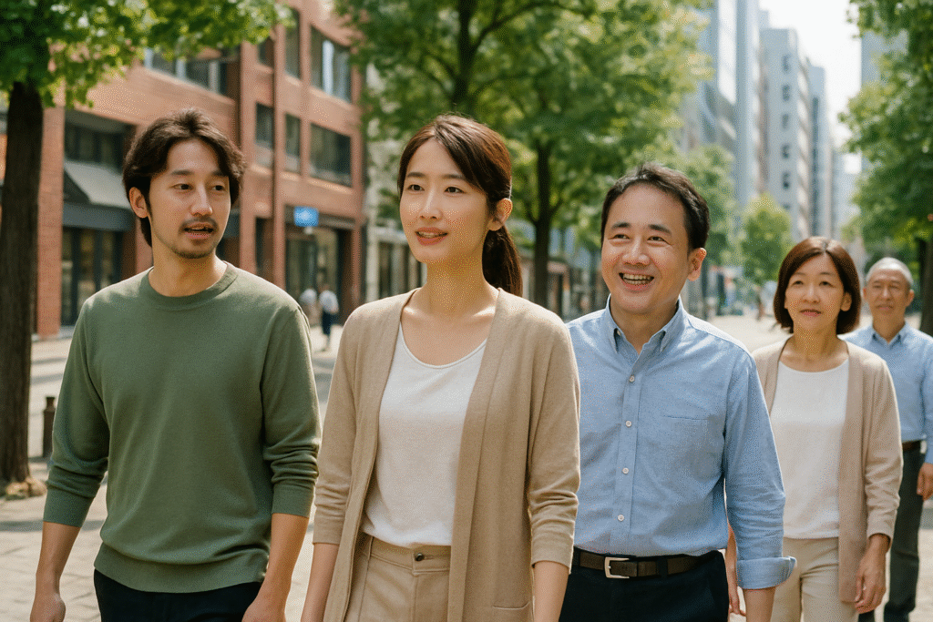 画像③:多くの人が並びながら前を見て歩いている様子(リアル風・安心感) 街のような感じで