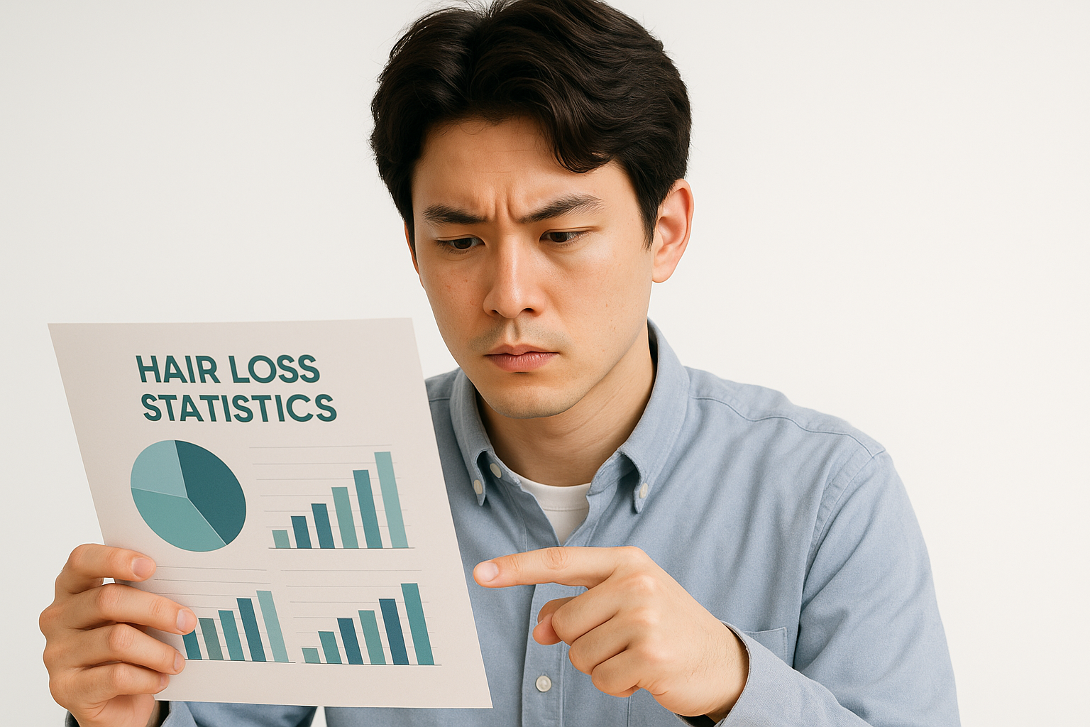 アイキャッチ画像(薄毛に関する統計資料を真剣に確認する人物のリアル構図)